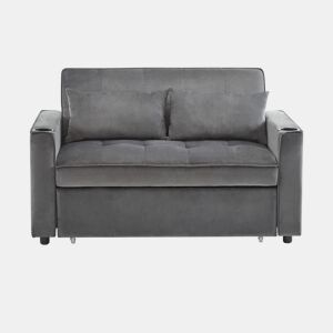 Sofá-cama rebatível multi-ângulo ajustável - 2 lugares - Tecido de veludo - com suporte para copos e almofadas - Cinzento