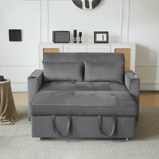 Sofá-cama rebatível multi-ângulo ajustável - 2 lugares - Tecido de veludo - com suporte para copos e almofadas - Cinzento
