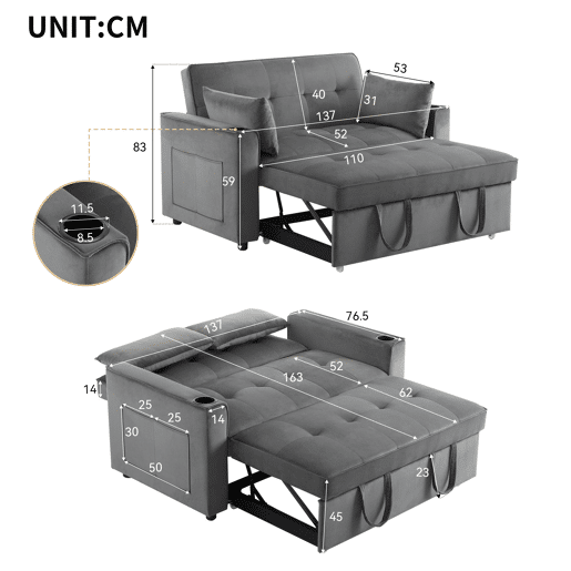 Sofá-cama rebatível multi-ângulo ajustável - 2 lugares - Tecido de veludo - com suporte para copos e almofadas - Cinzento