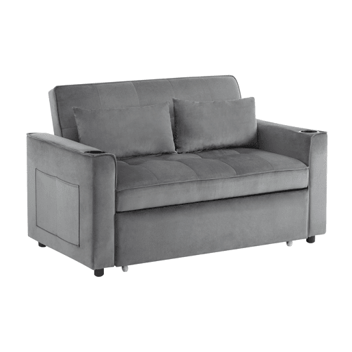 Sofá-cama rebatível multi-ângulo ajustável - 2 lugares - Tecido de veludo - com suporte para copos e almofadas - Cinzento