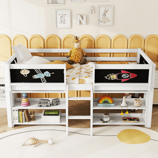 Cama de criança 90x200cm em madeira maciça - várias prateleiras - Branco (colchão não incluído)