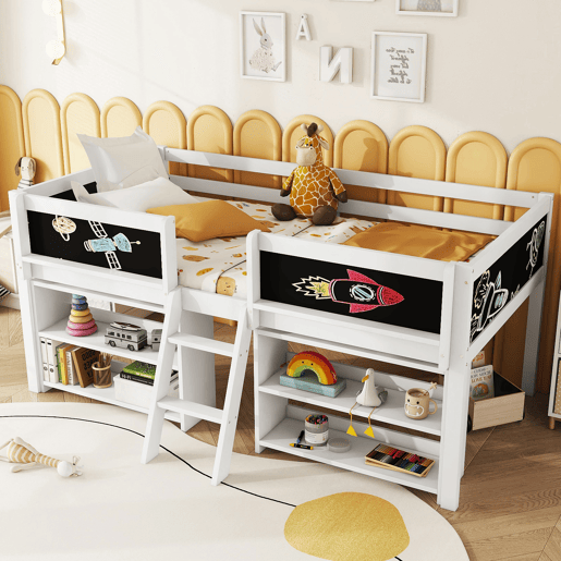 Cama de criança 90x200cm em madeira maciça - várias prateleiras - Branco (colchão não incluído)