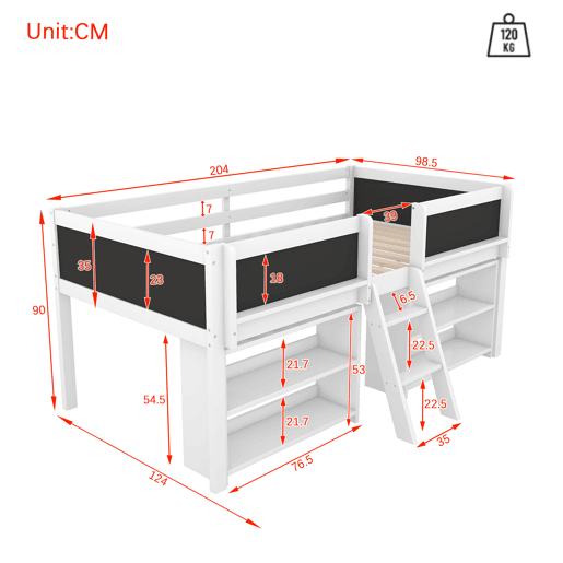 Cama de criança 90x200cm em madeira maciça - várias prateleiras - Branco (colchão não incluído)