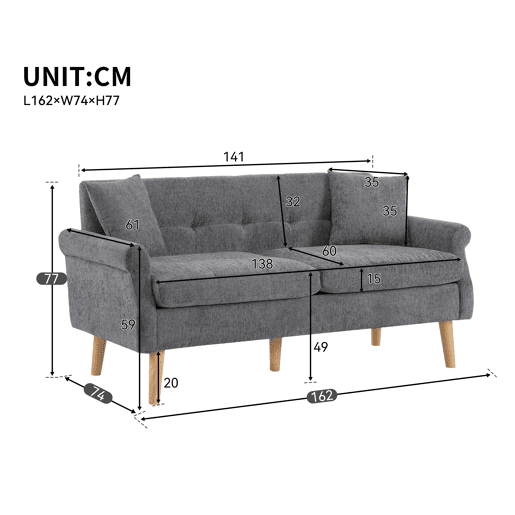 Sofá de 2 lugares estofado em chenille - 162x74x77 cm - Cinzento