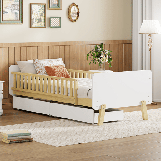 Cama de criança 90x190cm com 2 gavetas - cama individual de madeira maciça com estrado de molas - Branco