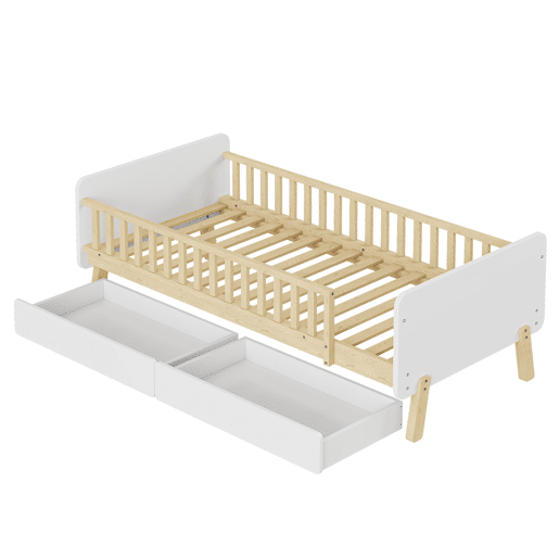 Cama de criança 90x190cm com 2 gavetas - cama individual de madeira maciça com estrado de molas - Branco
