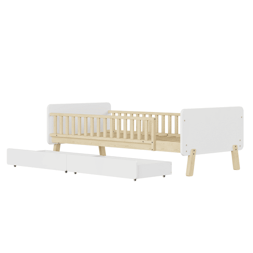 Cama de criança 90x190cm com 2 gavetas - cama individual de madeira maciça com estrado de molas - Branco