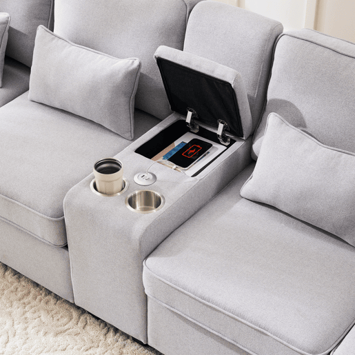 Sofá moderno de 4 lugares em tecido de linho - com portas USB e 2 suportes para copos - Cinzento claro