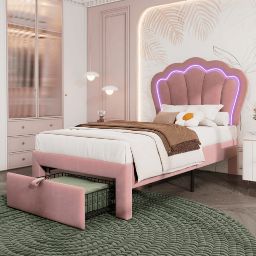 Cama de criança 90x190 cm em veludo com gavetas e controlo APP LED - Rosa