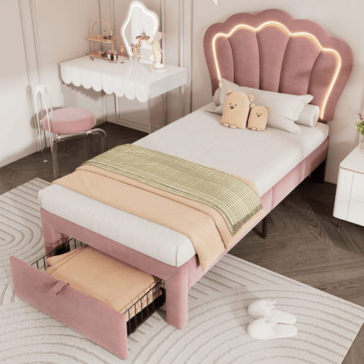 Cama de criança 90x190 cm em veludo com gavetas e controlo APP LED - Rosa