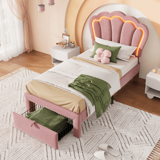 Cama de criança 90x190 cm em veludo com gavetas e controlo APP LED - Rosa
