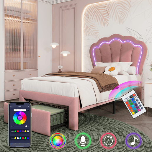 Cama de criança 90x190 cm em veludo com gavetas e controlo APP LED - Rosa