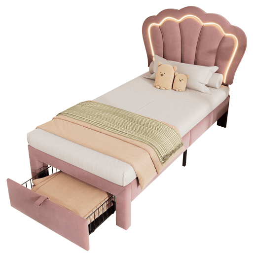 Cama de criança 90x190 cm em veludo com gavetas e controlo APP LED - Rosa