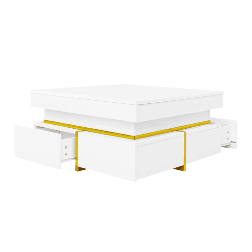 Mesa de centro com 2 gavetas - aspeto brilhante e decorações douradas - Branco