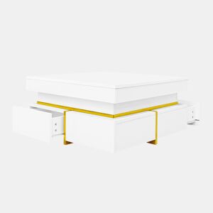 Mesa de centro com 2 gavetas - aspeto brilhante e decorações douradas - Branco