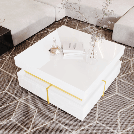 Mesa de centro com 2 gavetas - aspeto brilhante e decorações douradas - Branco