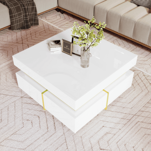 Mesa de centro com 2 gavetas - aspeto brilhante e decorações douradas - Branco