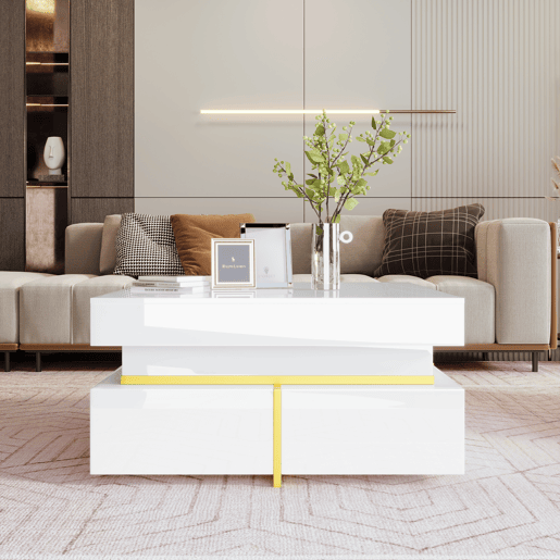 Mesa de centro com 2 gavetas - aspeto brilhante e decorações douradas - Branco