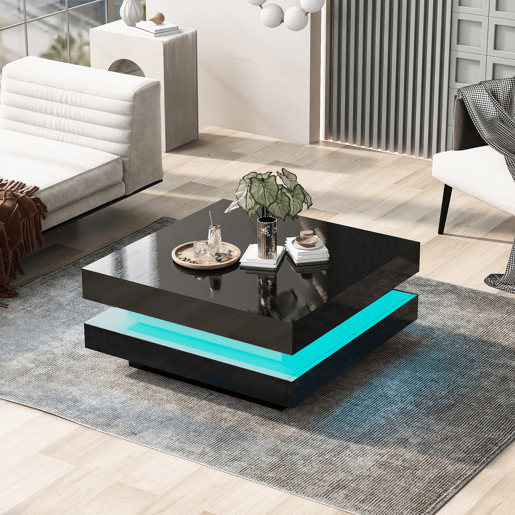 Mesa de centro contemporânea com LED em 16 cores - forma quadrada - Preto Mesa de centro contemporânea com LED em 16 cores - forma quadrada - Preto