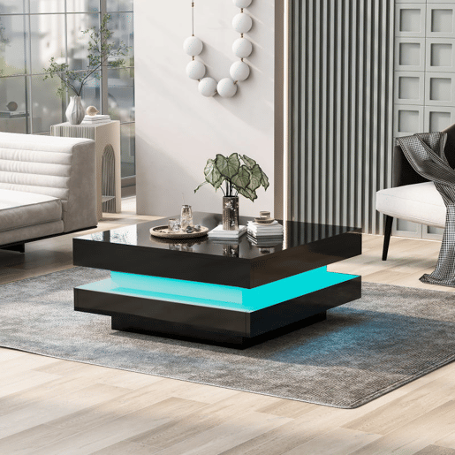 Mesa de centro contemporânea com LED em 16 cores - forma quadrada - Preto Mesa de centro contemporânea com LED em 16 cores - forma quadrada - Preto