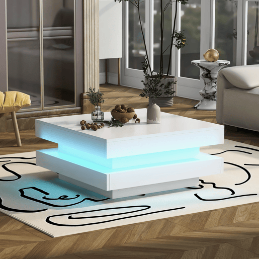 Mesa de centro contemporânea com LED em 16 cores - forma quadrada - Branco Mesa de centro contemporânea com LED em 16 cores - forma quadrada - Branco