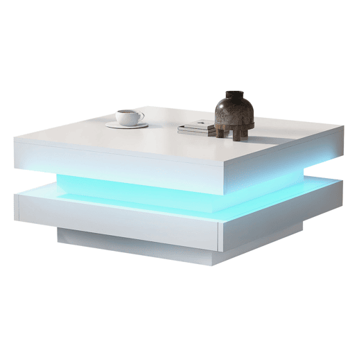 Mesa de centro contemporânea com LED em 16 cores - forma quadrada - Branco Mesa de centro contemporânea com LED em 16 cores - forma quadrada - Branco