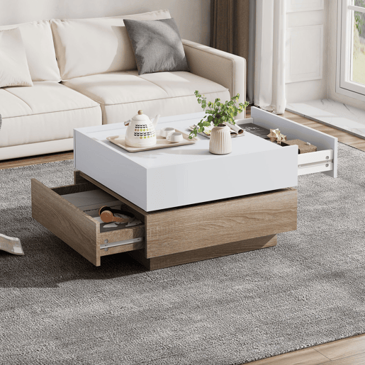Mesa de centro quadrada com rotação de 360° - com 2 gavetas - 60x60x38 cm - Branco e Natural Mesa de centro quadrada com rotação de 360° - com 2 gavetas - 60x60x38 cm - Branco e Natural