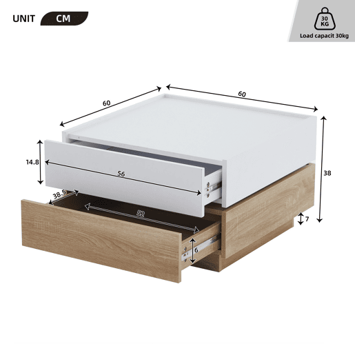 Mesa de centro quadrada com rotação de 360° - com 2 gavetas - 60x60x38 cm - Branco e Natural Mesa de centro quadrada com rotação de 360° - com 2 gavetas - 60x60x38 cm - Branco e Natural