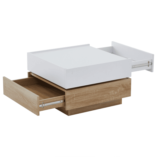 Mesa de centro quadrada com rotação de 360° - com 2 gavetas - 60x60x38 cm - Branco e Natural Mesa de centro quadrada com rotação de 360° - com 2 gavetas - 60x60x38 cm - Branco e Natural