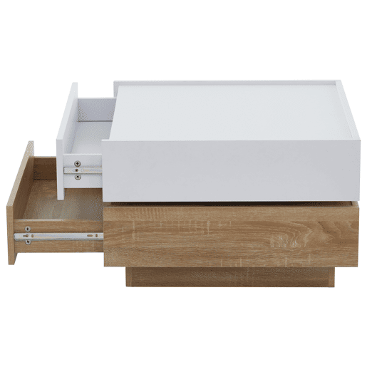Mesa de centro quadrada com rotação de 360° - com 2 gavetas - 60x60x38 cm - Branco e Natural Mesa de centro quadrada com rotação de 360° - com 2 gavetas - 60x60x38 cm - Branco e Natural