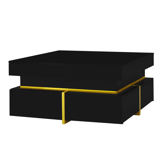 Mesa de centro com 2 gavetas - aspeto brilhante e decorações douradas - Preto