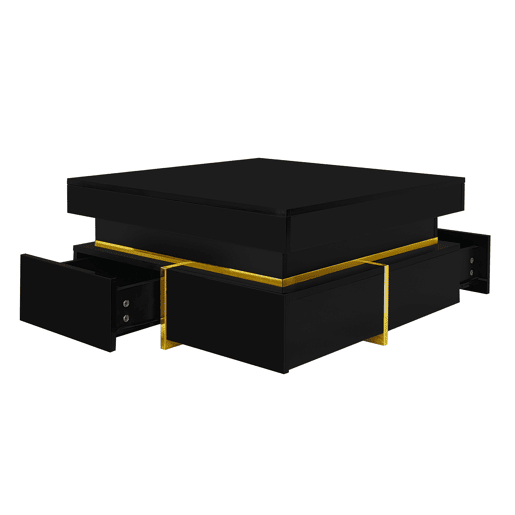 Mesa de centro com 2 gavetas - aspeto brilhante e decorações douradas - Preto