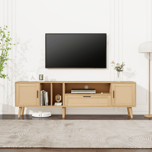 Suporte para TV 180cm decorado com rotim - 2 portas e 1 gaveta - pés de madeira maciça - Natural