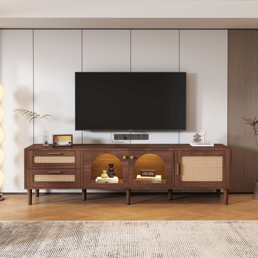 Suporte de TV de 180 cm com iluminação LED - 2 gavetas em rotim e 3 portas - Castanho