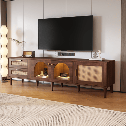Suporte de TV de 180 cm com iluminação LED - 2 gavetas em rotim e 3 portas - Castanho