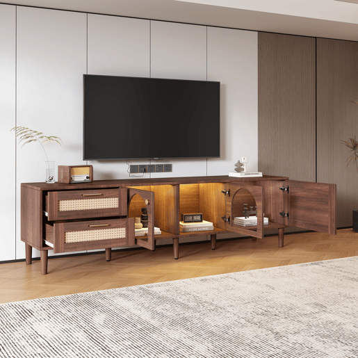 Suporte de TV de 180 cm com iluminação LED - 2 gavetas em rotim e 3 portas - Castanho