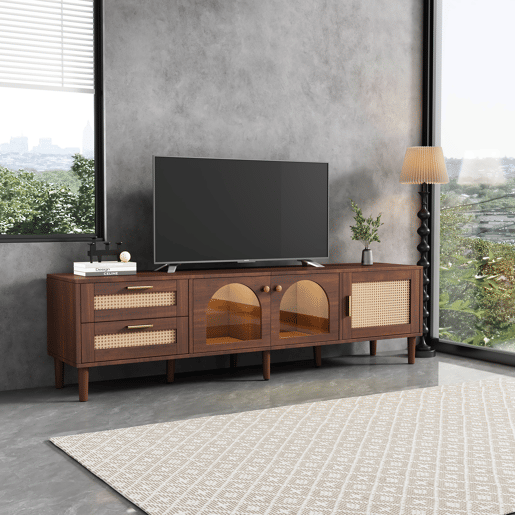 Suporte de TV de 180 cm com iluminação LED - 2 gavetas em rotim e 3 portas - Castanho