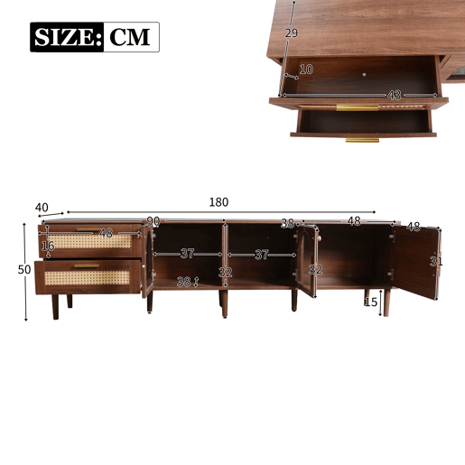 Suporte de TV de 180 cm com iluminação LED - 2 gavetas em rotim e 3 portas - Castanho