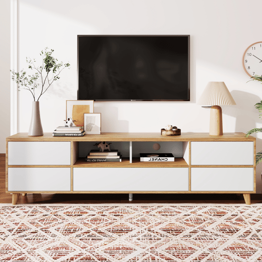 Armário TV 175cm - 5 portas + 2 compartimentos - estilo contemporâneo - Natural e Branco