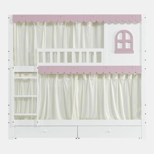 Beliche em madeira - 90x200 cm - com 2 gavetas e prateleiras - Branco e cor-de-rosa (com cortinas)