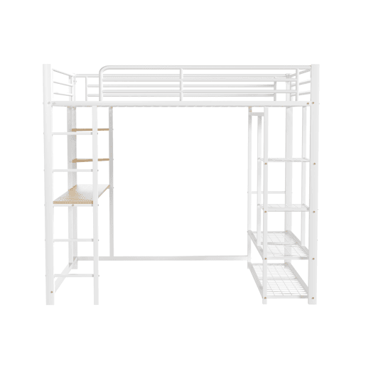 Cama mezzanine metálica 90x200 cm - com mesa e prateleiras - Branco