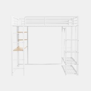 Cama mezzanine metálica 90x200 cm - com mesa e prateleiras - Branco