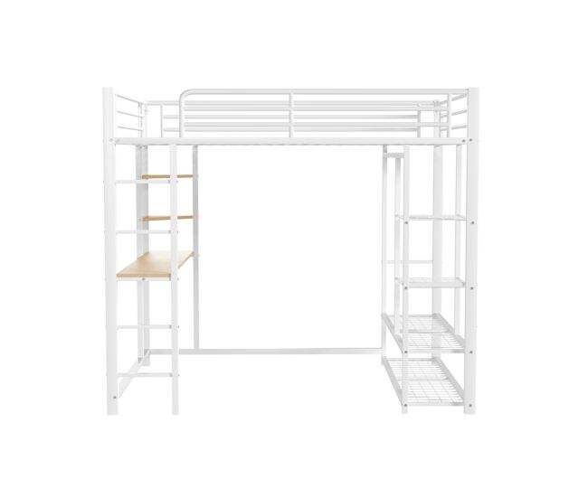 Cama entrepiso de metal 90x200 cm - con mesa y estantes - blanco