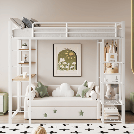 Cama mezzanine metálica 90x200 cm - com mesa e prateleiras - Branco