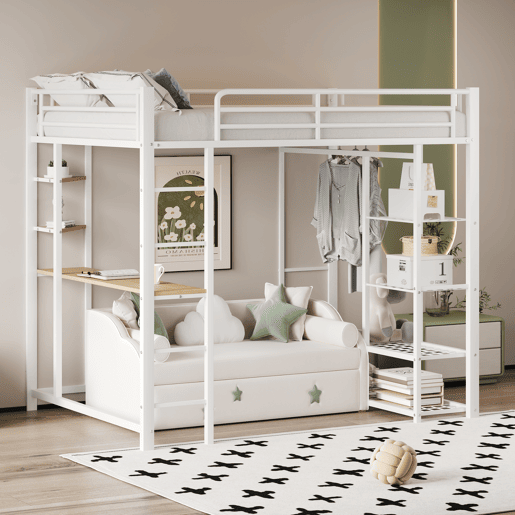 Cama mezzanine metálica 90x200 cm - com mesa e prateleiras - Branco