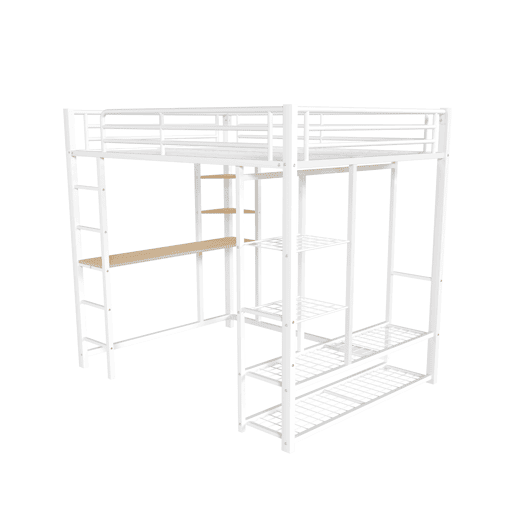 Cama mezzanine metálica 90x200 cm - com mesa e prateleiras - Branco