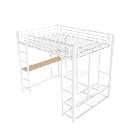 Cama mezzanine metálica 90x200 cm - com mesa e prateleiras - Branco