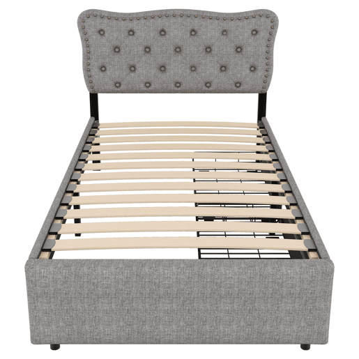 Cama estofada em tecido de linho com 2 gavetas - 90x200 cm - cabeceira decorada com rebites - Cinzento