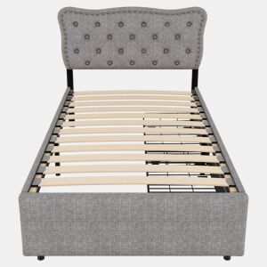 Cama estofada em tecido de linho com 2 gavetas - 90x200 cm - cabeceira decorada com rebites - Cinzento