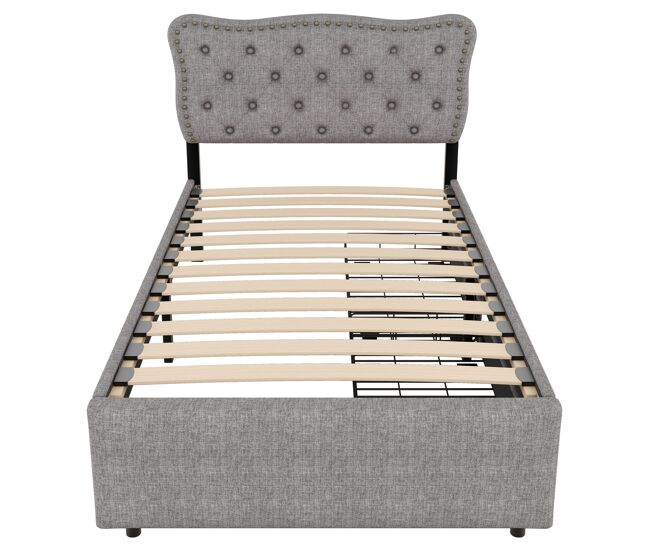 Cama tapizada en tela de lino con 2 cajones - 90x200 cm - cabecero decorado con remaches - gris